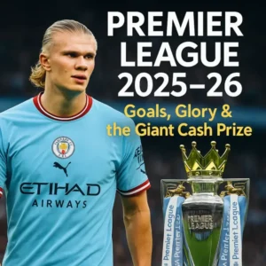 English Premier League 2025–26 official season graphic showing Erling Haaland in Manchester City kit alongside the Premier League trophy with the headline “Goals, Glory & the Giant Cash Prize”.