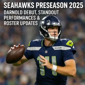 Seattle Seahawks Preseason 2025: Sam Darnold Debut, Standout Performances & Roster Updates — quarterback Sam Darnold in Seahawks uniform preparing to throw during a preseason game, with stadium crowd in the background.