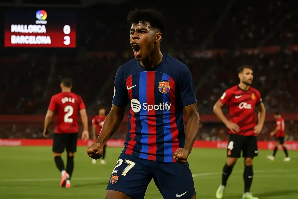 Mallorca vs Barcelona 3–0 – Lamine Yamal roars in celebration after Barcelona’s goal, with Mallorca players frustrated in the background at Son Moix stadium.