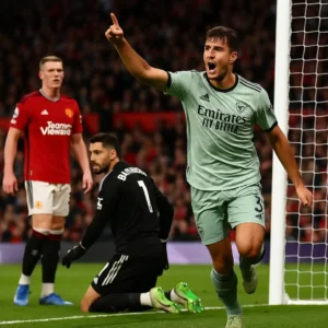 Man United vs Arsenal 1-0 Highlights: Calafiori Goal and Raya Saves Seal Gunners’ Win at Old Trafford, with Calafiori celebrating after scoring while United players show disappointment.