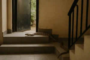 When the Monsoon Brings Snakes to Your Doorstep: Delhi’s Hidden Wildlife Crisis — a snake slithering inside a residential stairwell near an open doorway during monsoon season.