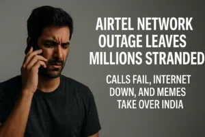 A realistic news banner showing a frustrated man holding his phone with no signal during the Airtel outage. The text on the side reads: ‘Airtel Network Outage Leaves Millions Stranded — Calls Fail, Internet Down, and Memes Take Over India