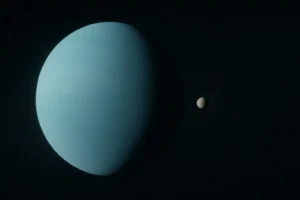 NASA’s Webb Telescope Discovers New Moon Orbiting Uranus – A realistic space view showing Uranus with its bluish-green atmosphere, faint rings, and a newly discovered small rocky moon orbiting nearby against a starry background.