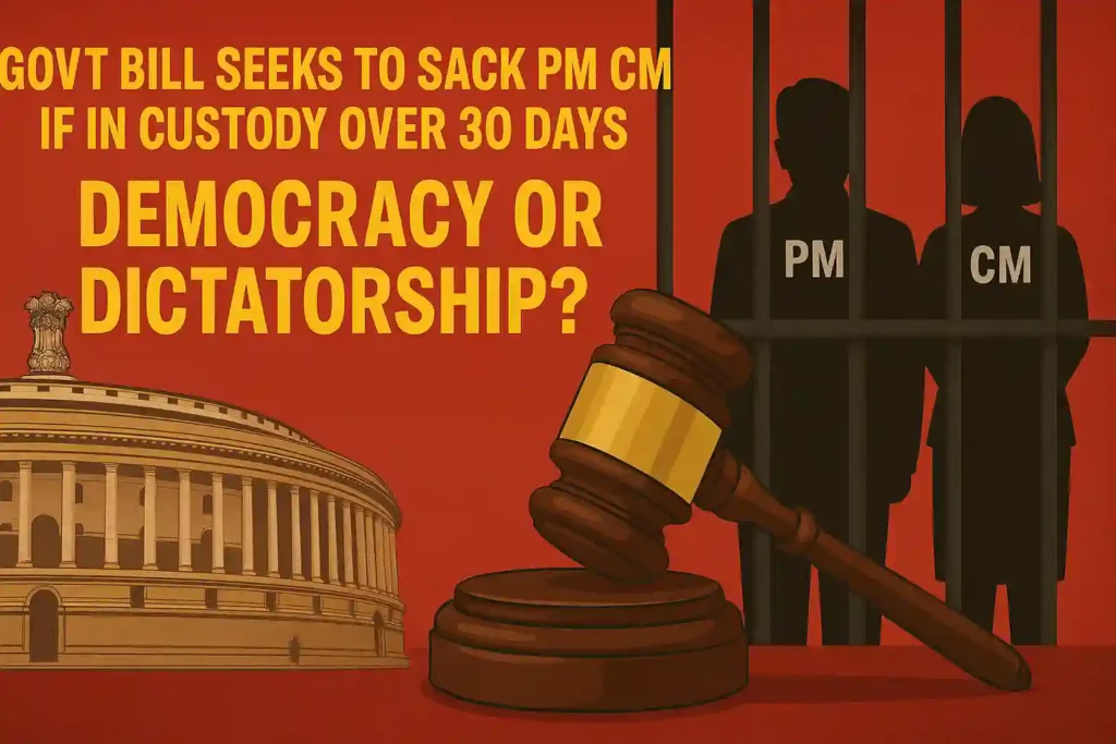 Govt Bill Seeks to Sack PM CM if in Custody Over 30 Days — Democracy or Dictatorship, with Indian Parliament, gavel, and leader silhouettes behind bars in a dramatic banner illustration.