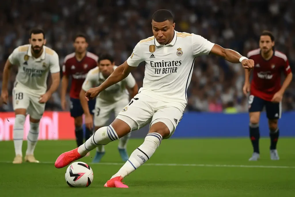 Real Madrid vs Osasuna La Liga 2025: Kylian Mbappé takes decisive penalty at Santiago Bernabéu as teammates and Osasuna players watch closely.