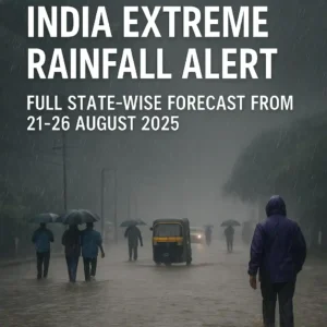 Flooded street in India during heavy monsoon rainfall, people walking with umbrellas, an auto-rickshaw moving through water, and bold text reading ‘India Extreme Rainfall Alert – Full State-Wise Forecast from 21–26 August 2025’