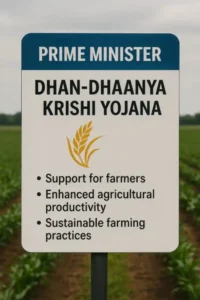 A signboard in front of a lush green farm displaying Prime Minister Dhan-Dhaanya Krishi Yojana with a golden wheat logo. Below, it lists key points: support for farmers, enhanced agricultural productivity, and sustainable farming practices.