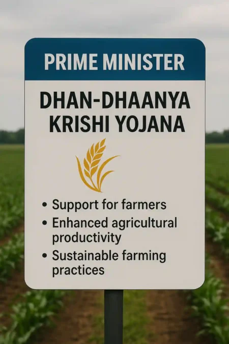 A signboard in front of a lush green farm displaying Prime Minister Dhan-Dhaanya Krishi Yojana with a golden wheat logo. Below, it lists key points: support for farmers, enhanced agricultural productivity, and sustainable farming practices.
