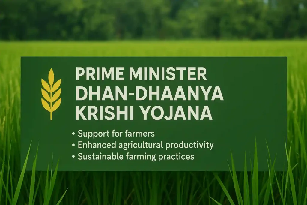 A green banner in a farm field with the title “Prime Minister Dhan-Dhaanya Krishi Yojana” alongside a golden wheat symbol. Below, it lists three objectives: support for farmers, enhanced agricultural productivity, and sustainable farming practices.