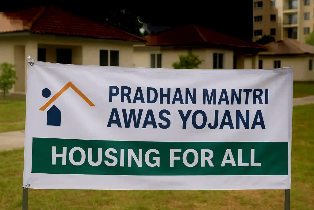 Realistic banner of Pradhan Mantri Awas Yojana (PMAY) displayed in front of newly built affordable houses, with the slogan “Housing for All.”