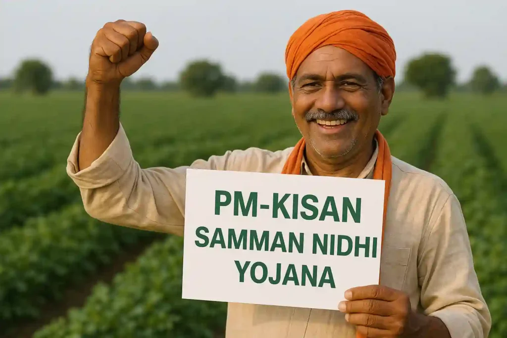 A smiling Indian farmer wearing an orange turban and beige kurta stands in a green field, raising his fist with pride while holding a placard that reads “PM-KISAN SAMMAN NIDHI YOJANA.” The farmland stretches out in the background under clear daylight.