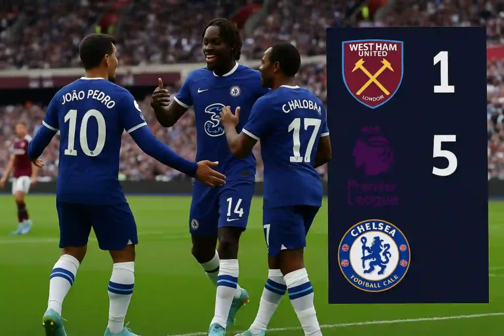 Chelsea players João Pedro, Trevoh Chalobah, and Raheem Sterling celebrate a goal in their 5-1 win over West Ham at London Stadium, with the scoreboard showing the final score.