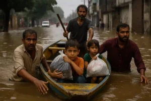 Residents wade through waist-deep floodwaters in South Asia as two children sit in a small rescue boat holding bags of belongings, while men push the boat through a submerged street during heavy monsoon rains.