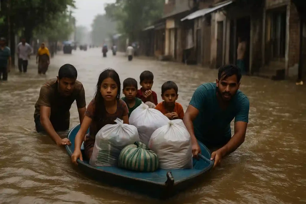 Families and children are evacuated on a small boat through waist-deep floodwaters during heavy monsoon rains, as men push the boat down a submerged street with houses and pedestrians in the background.