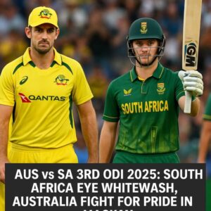 Australian captain Mitchell Marsh in yellow and South African batter Matthew Breetzke in green during the AUS vs SA 3rd ODI 2025 at Mackay, with crowd in background. Breetzke raises his bat after milestone as Marsh looks on.