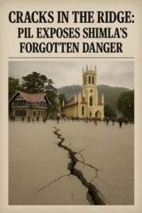 Cracks in the Ridge: PIL Exposes Shimla's Forgotten Danger” – A realistic depiction of Shimla’s iconic Ridge with a deep crack running across the open plaza, near Christ Church, symbolizing structural risk beneath the surface due to civic negligence.