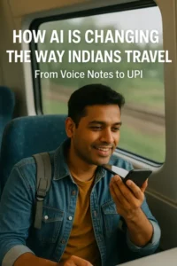 A young Indian man using voice input on his smartphone while traveling on a train, illustrating the impact of AI on travel in India — from voice notes to UPI. The image visually represents the concept behind the title How AI Is Changing the Way Indians Travel: From Voice Notes to UPI