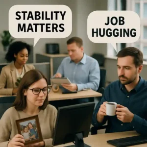 Office employees focused at desks, holding personal items, illustrating the job hugging trend.