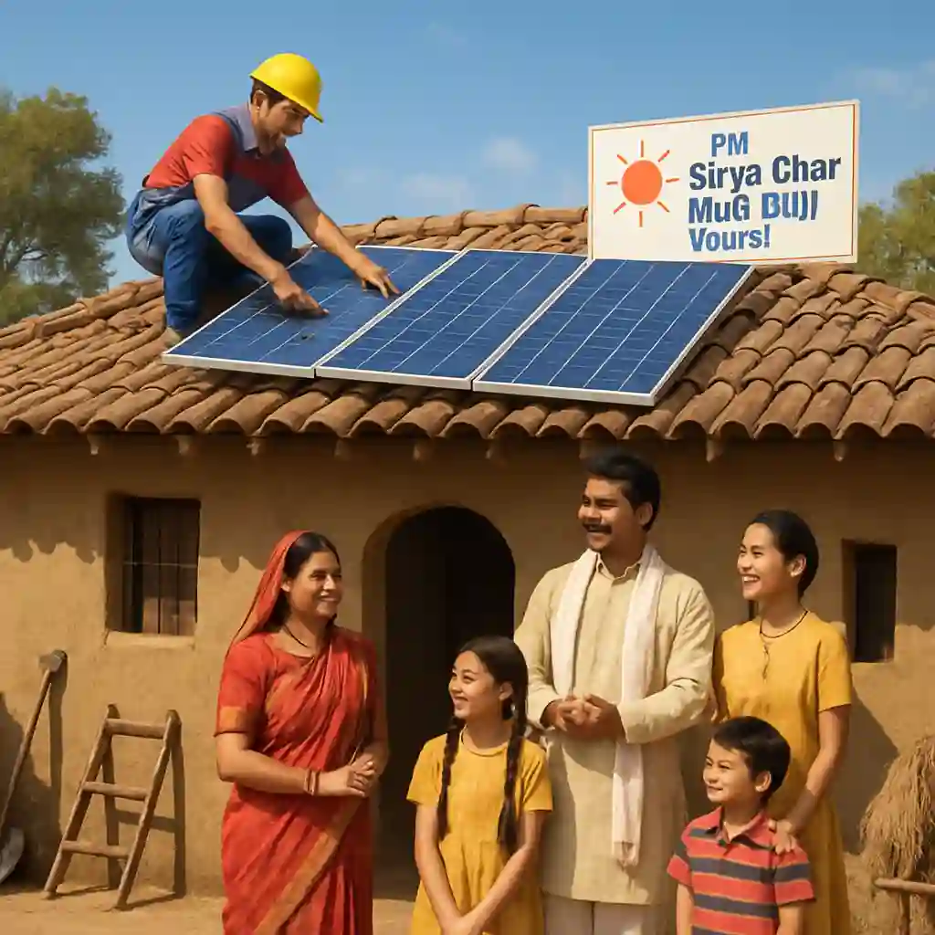 Technician installing solar panels on a rural Indian house under PM Surya Ghar Muft Bijli Yojana while the family watches on a bright sunny day
