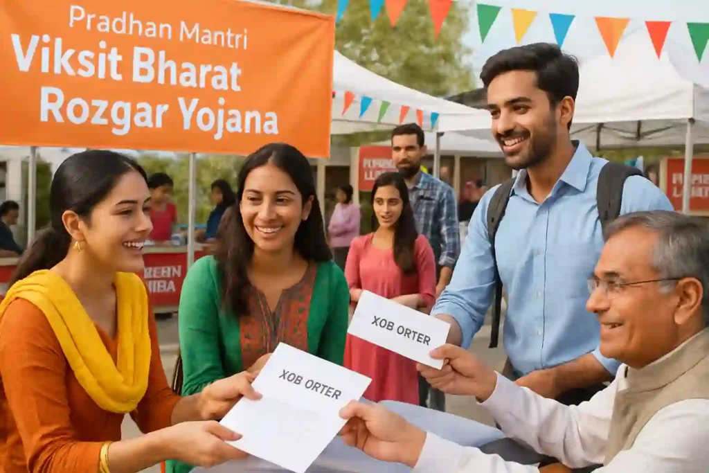 Diverse young professionals attending a Pradhan Mantri Viksit Bharat Rozgar Yojana job fair, receiving job offers and official documents from organizers in an Indian public hall