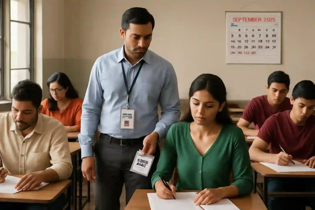 Students participating in the SSC CGL Exam 2025, seated with answer sheets in a classroom, while an invigilator checks admit cards. A wall calendar prominently shows September, naturally indicating that the SSC CGL Exam Date 2025 is likely after September 10.