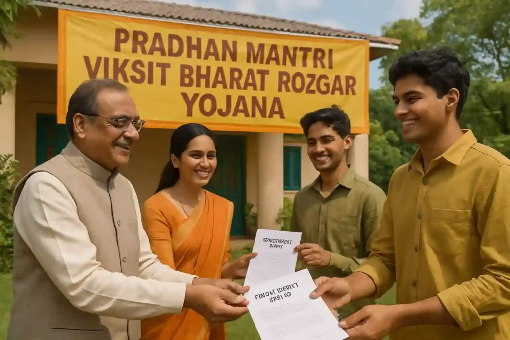 Alt text for the image: "Indian youth receiving employment letters from government officials under Pradhan Mantri Viksit Bharat Rozgar Yojana in an outdoor setting