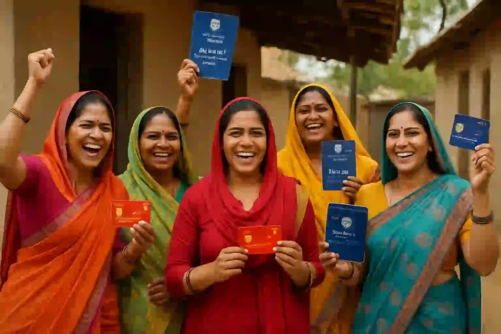 : Indian women in traditional attire celebrating financial empowerment with RuPay cards under PMJDY in a village setting.