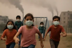 A group of Indian children wearing protective masks playing outdoors under a hazy sky with visible industrial smoke. The image emphasizes the urgent health risks of air pollution on vulnerable populations in India.