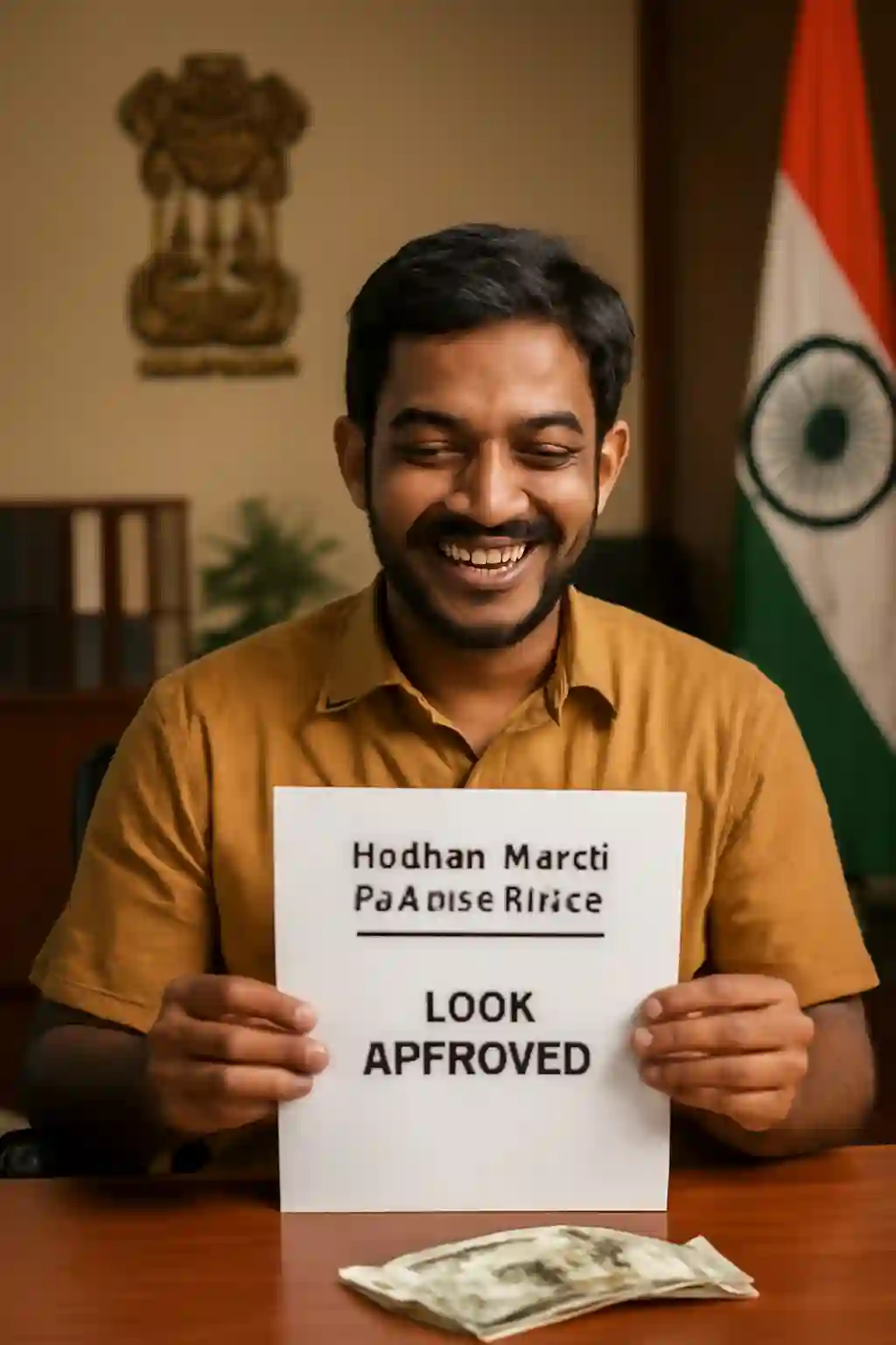 "Realistic photograph-style image of a smiling Indian small business owner receiving financial support or loan approval under Pradhan Mantri Mudra Yojana, with official documents, currency notes, and Indian government symbols in the background, symbolizing economic empowerment and government assistance.