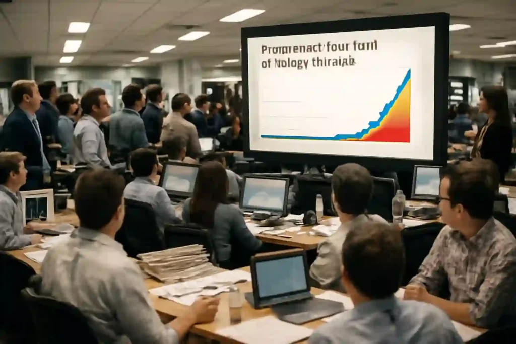 A busy newsroom with journalists focused on a large monitor that displays a graph labeled "Trump death hoax viral on Google Trends," capturing the moment as news about the hoax rapidly spreads online