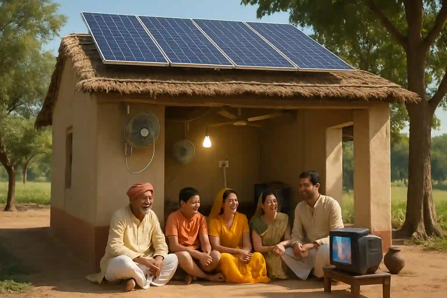 An Indian rural household with solar panels installed on the roof, a happy family inside using electric appliances powered by the PM Surya Ghar Muft Bijli Yojana solar electricity