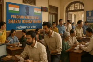 Group of Indian citizens participating in the Pradhan Mantri Viksit Bharat Rozgar Yojana, with officials and job seekers interacting in a government office setting