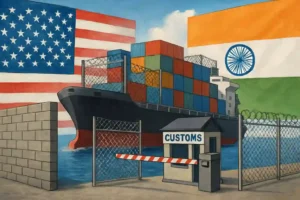 U S Tariffs on India: A Trade Friction That Affects Us All," featuring the U.S. and Indian flags divided by a cargo ship and symbolic tariff barriers to visually represent international trade tensions