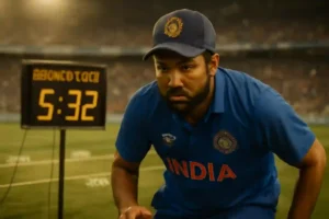 Realistic close-up of Indian cricketer Rohit Sharma on the field, looking determined and focused, with a background showing a cricket stadium and a visual overlay of a Bronco Test timer and shuttle run markings, symbolizing the fitness controversy involving him and the BCC