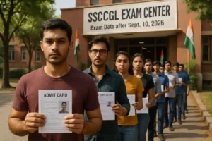 A group of students entering an Indian examination hall, each holding their SSC CGL 2025 admit card. A prominent banner at the entrance displays 'Exam Date after Sept 10, 2025', indicating the rescheduled examination period.