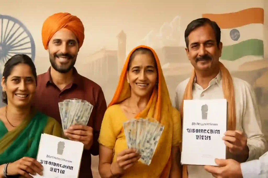 A realistic photograph-style image showing a small business owner in India receiving loan approval or financial support under Pradhan Mantri Mudra Yojana, with official documents, currency notes, and Indian government symbols visible in the background, portraying economic empowerment and government assistance.