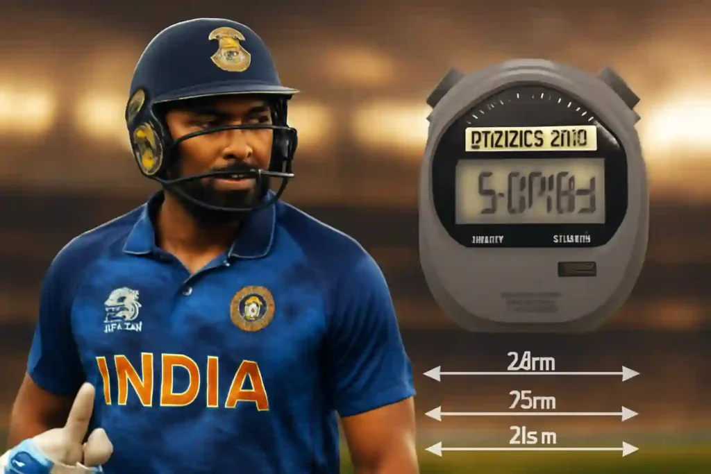Rohit Sharma in cricket gear focused on the field with a stopwatch and shuttle run graphics overlay representing the Bronco Test controversy. The cricket stadium is blurred in the background, highlighting the fitness challenge surrounding him.