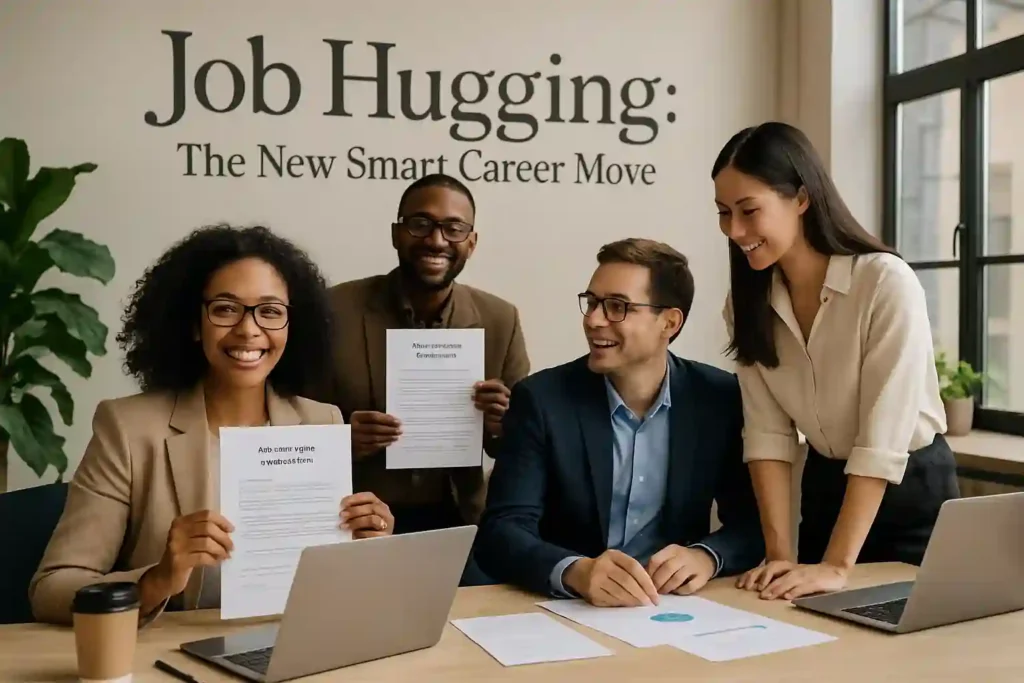 Diverse professionals collaborating happily in an office, with some holding job agreements, illustrating the concept of 'Is Job Hugging the New Smart Career Move?' as a positive career trend.