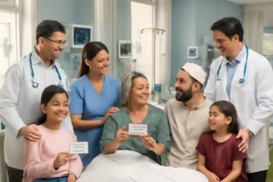 "Realistic hospital scene showing diverse Indian families receiving medical care from doctors and nurses, with visible Ayushman Bharat PMJAY insurance cards representing government-supported healthcare coverage