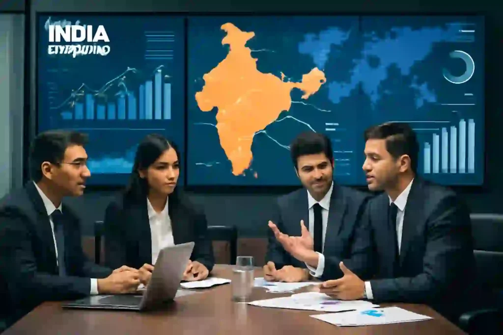 The image titled "India Export Promotion Mission" shows Indian government officials in a professional meeting discussing export strategies. Digital screens display global trade data and a map of India, emphasizing export planning.