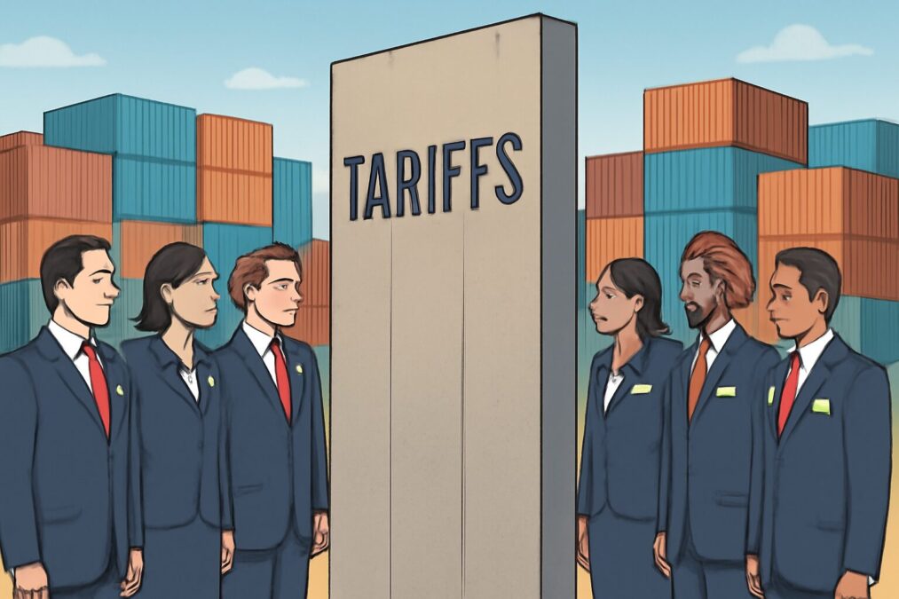 U.S. Tariffs on India: A Trade Friction That Affects Us All," depicting American and Indian business people separated by a border wall labeled 'tariffs' with shipping containers in the background, highlighting international trade barriers