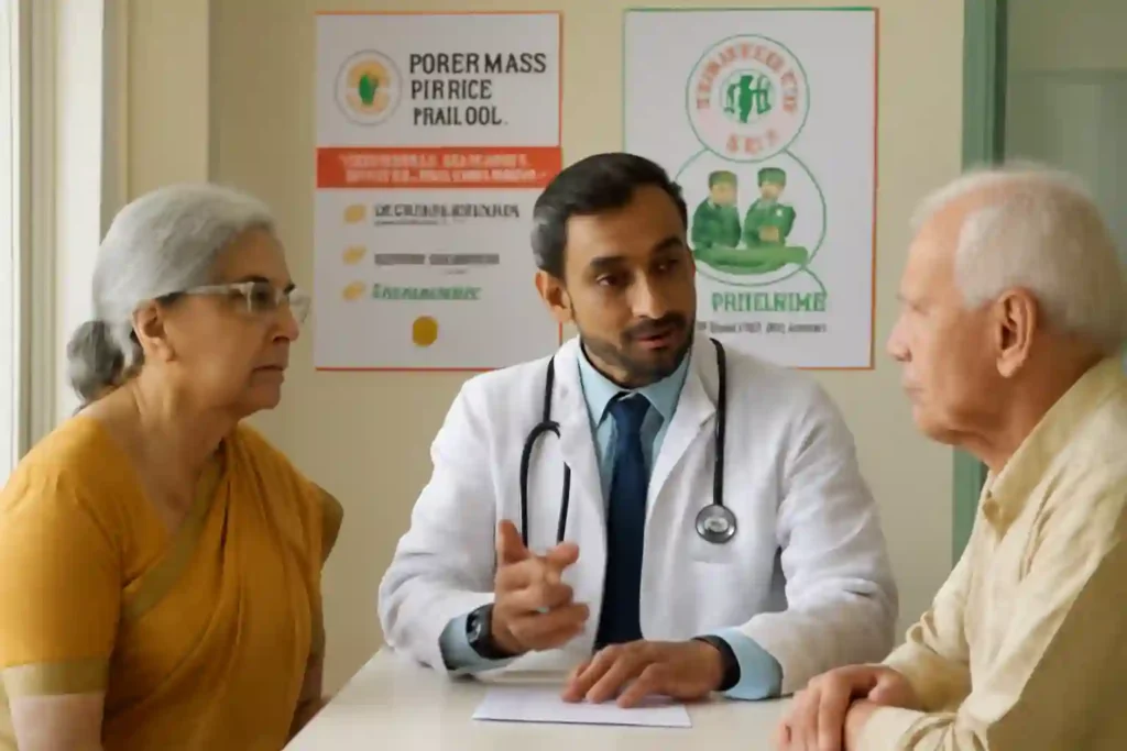 An Indian doctor compassionately explaining the healthcare benefits of Ayushman Bharat Scheme PMJAY to elderly patients in a clinic. Posters of the scheme are visible in the background, symbolizing government health support.