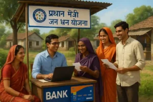 A realistic rural Indian banking scene under Pradhan Mantri Jan Dhan Yojana (PMJDY) showing diverse people including women, elderly, and young adults opening bank accounts at a bank kiosk. A government representative is assisting them, with RuPay debit cards visible, against a backdrop of rural homes and small shops, symbolizing financial inclusion and empowerment.