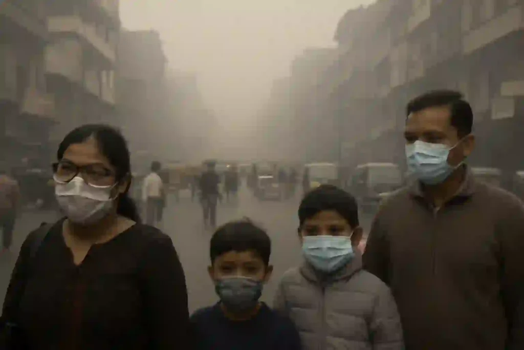 A densely smog-covered Indian city with low visibility, showing people wearing protective masks in busy streets. The image highlights the severe impact of air pollution on public health in India in 2025.