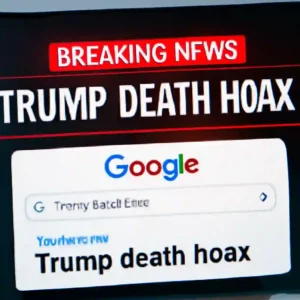 A computer screen shows a stylized news headline reading "Trump Explodes on Google Trends as Death Hoax Goes Viral," with related trending topics prominently displayed and browser search elements visible