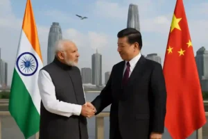 Realistic banner showing Narendra Modi and Xi Jinping meeting in Tianjin with a cityscape background. Indian and Chinese flags are visible, and a subtle eagle symbol in the background represents the U.S. watching the diplomatic event
