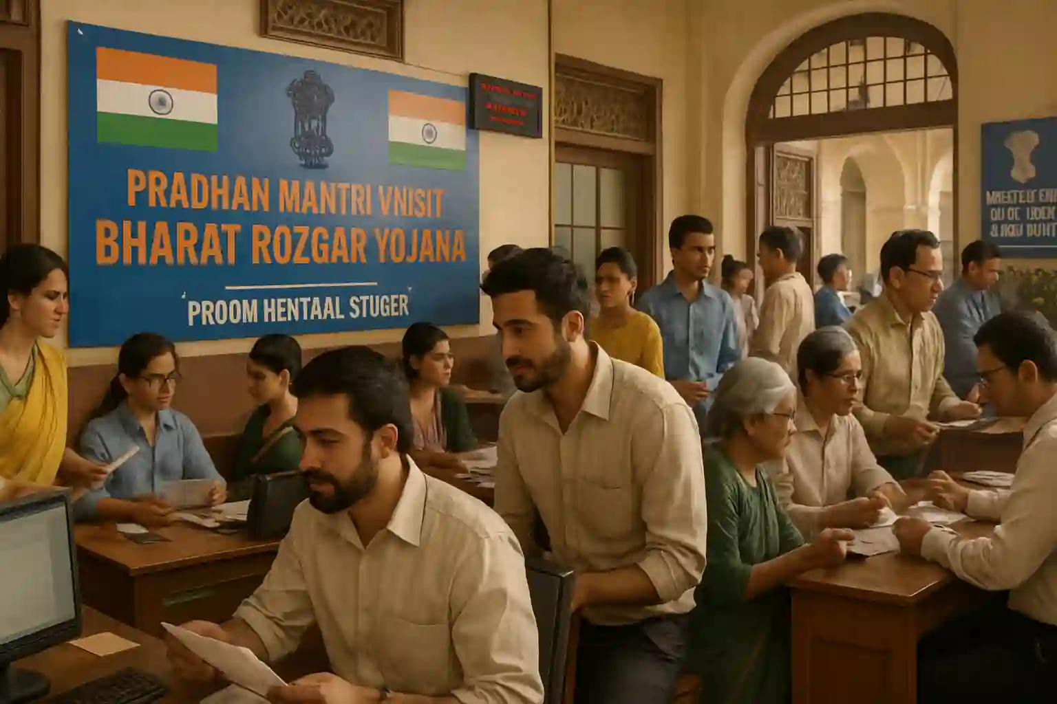 Group of Indian citizens participating in the Pradhan Mantri Viksit Bharat Rozgar Yojana, with officials and job seekers interacting in a government office setting