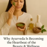 A South Asian woman in a beige outfit applies a green Ayurvedic face mask while smiling softly. She is surrounded by Ayurvedic wellness items like herbal oil, a compress, and dried herbs, placed on a natural-toned surface. The scene visually represents the theme: Why Ayurveda Is Becoming the Heartbeat of the Beauty & Wellness Revolution.