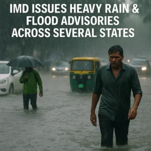 A flooded urban street in India with people wading through knee-deep water during heavy rainfall, one man walking without an umbrella and another holding one, while cars and an auto-rickshaw struggle in the background. The image visually represents the headline: IMD Issues Heavy Rain & Flood Advisories Across Several States