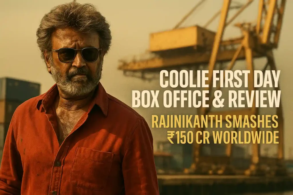 Rajinikanth in a rugged red shirt and sunglasses, standing in a dockyard with cranes in the background, alongside bold text reading “Coolie First Day Box Office & Review – Rajinikanth Smashes ₹150 Cr Worldwide.